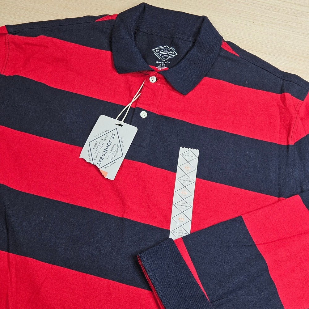 St. John's Bay Legacy Rugby Stripe Polo Mens XXL Red Navy Long Sleeve NEW